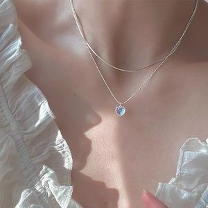 New Sterling Silver 925 Moonstone Heart Layered adjustable Necklace